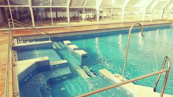 Outdoor pool, pool umbrellas, pool loungers