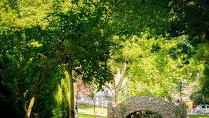 Een stenen brug in een weelderige tuin met bomen en een witte hek in de verte.