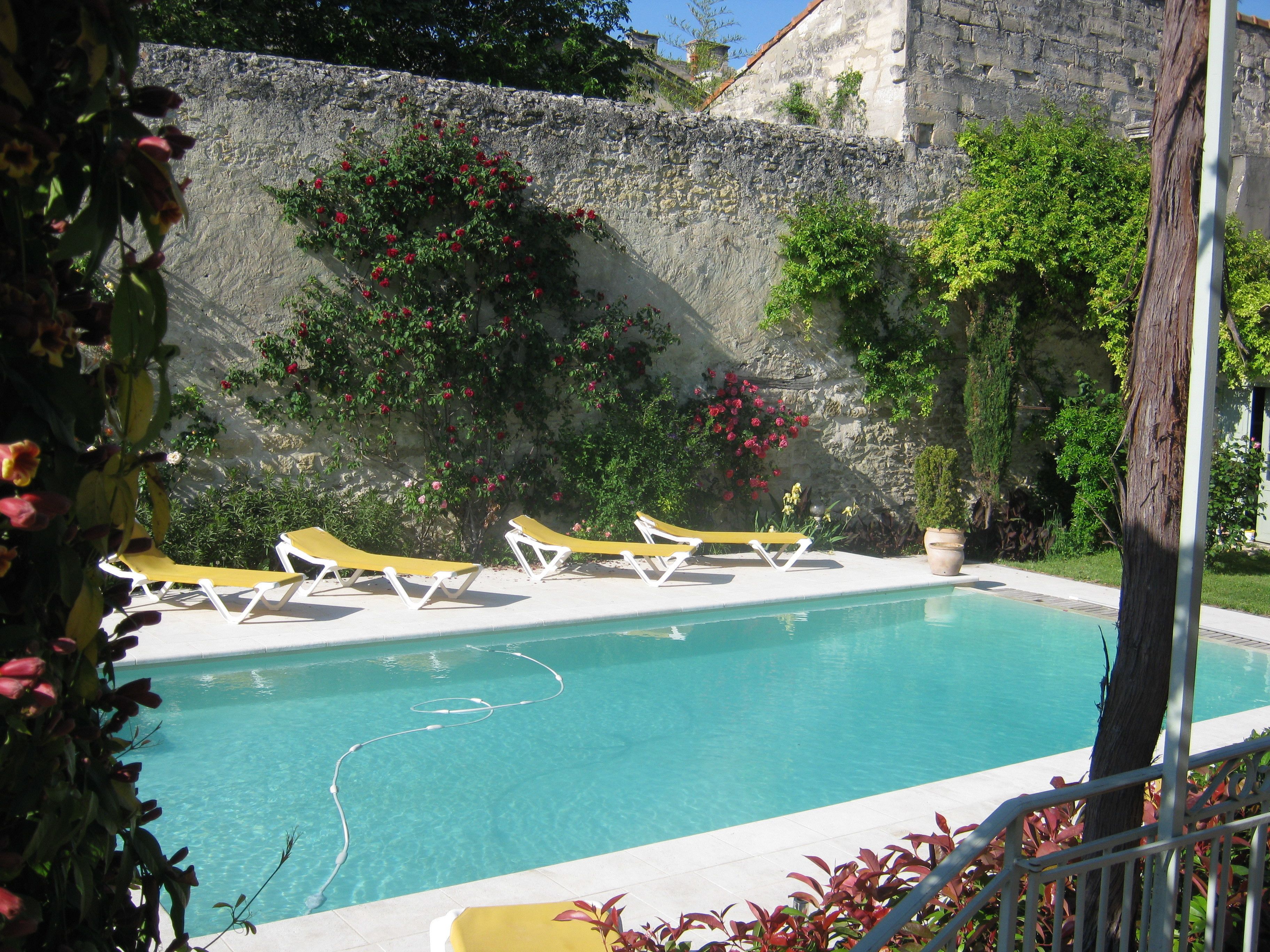 A pool area with lounge chairs, a stone wall, and greenery.