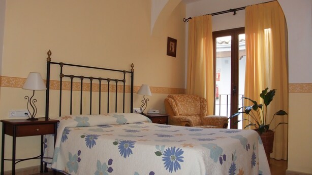 Habitación de hotel con cama, dos mesitas de noche, una silla, una planta en maceta y ventana con cortinas.