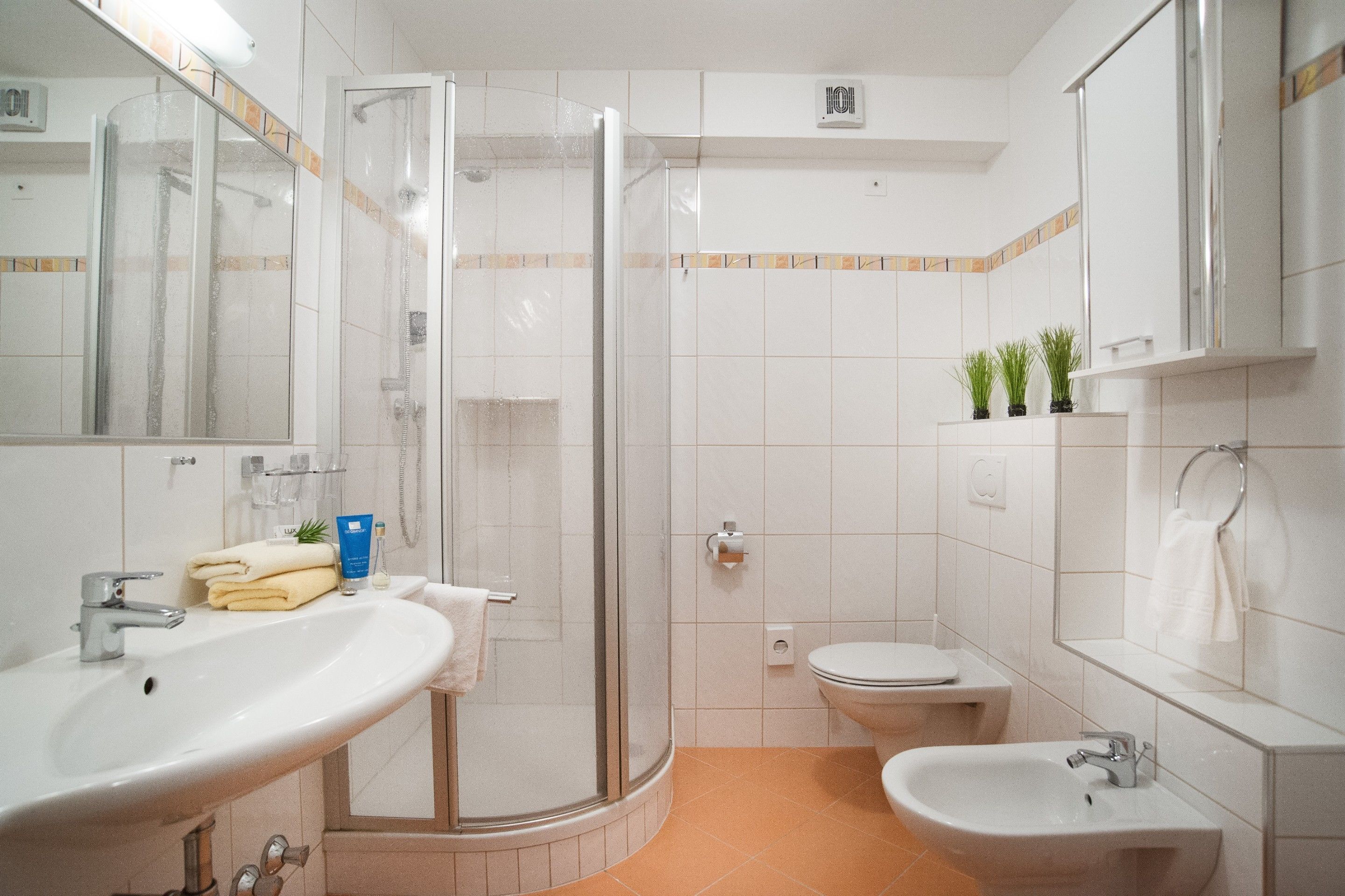 Un baño moderno con ducha envuelta en vidrio, un lavamanos, un inodoro y un bidé.