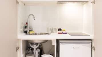 Fridge, microwave, stovetop, espresso maker