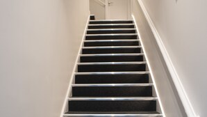 A staircase with a handrail, carpeted steps, and white walls.