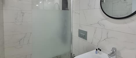 A modern bathroom with a glass-enclosed shower, a white toilet, and a sink with a mirror above it.