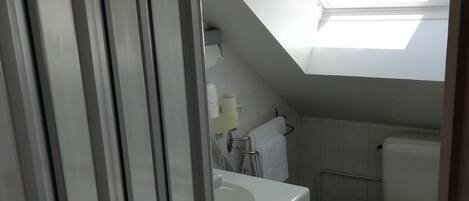 A compact bathroom with a skylight, a white sink, and a toilet.