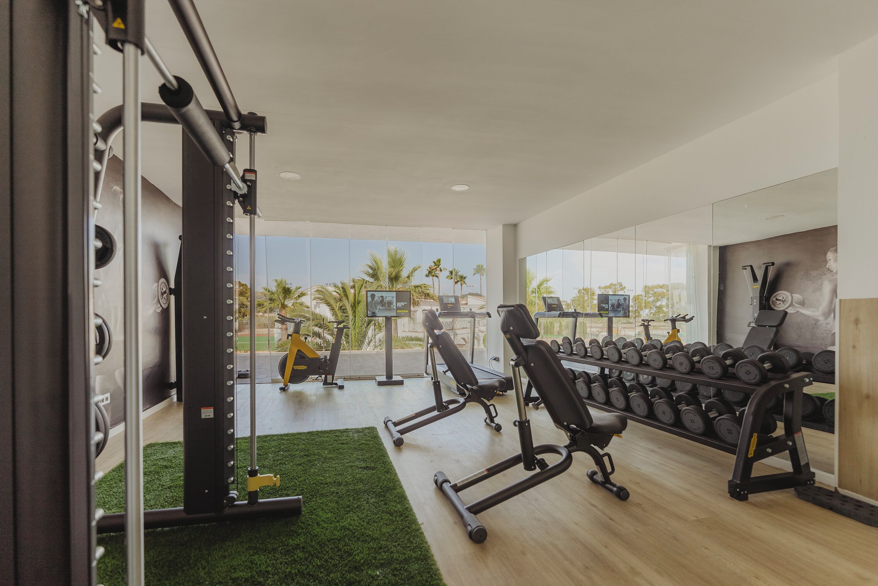 A modern gym with exercise equipment, a weight rack, and a view of palm trees outside.