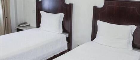 Two single beds with wooden headboards in a hotel room.