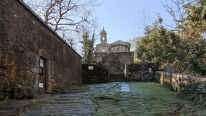 Un patio con un sendero de piedra que conduce a un edificio histórico con un campanario.