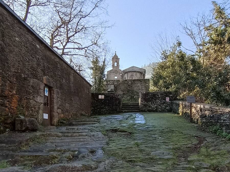 Un patio con un sendero de piedra que conduce a un edificio histórico con un campanario.