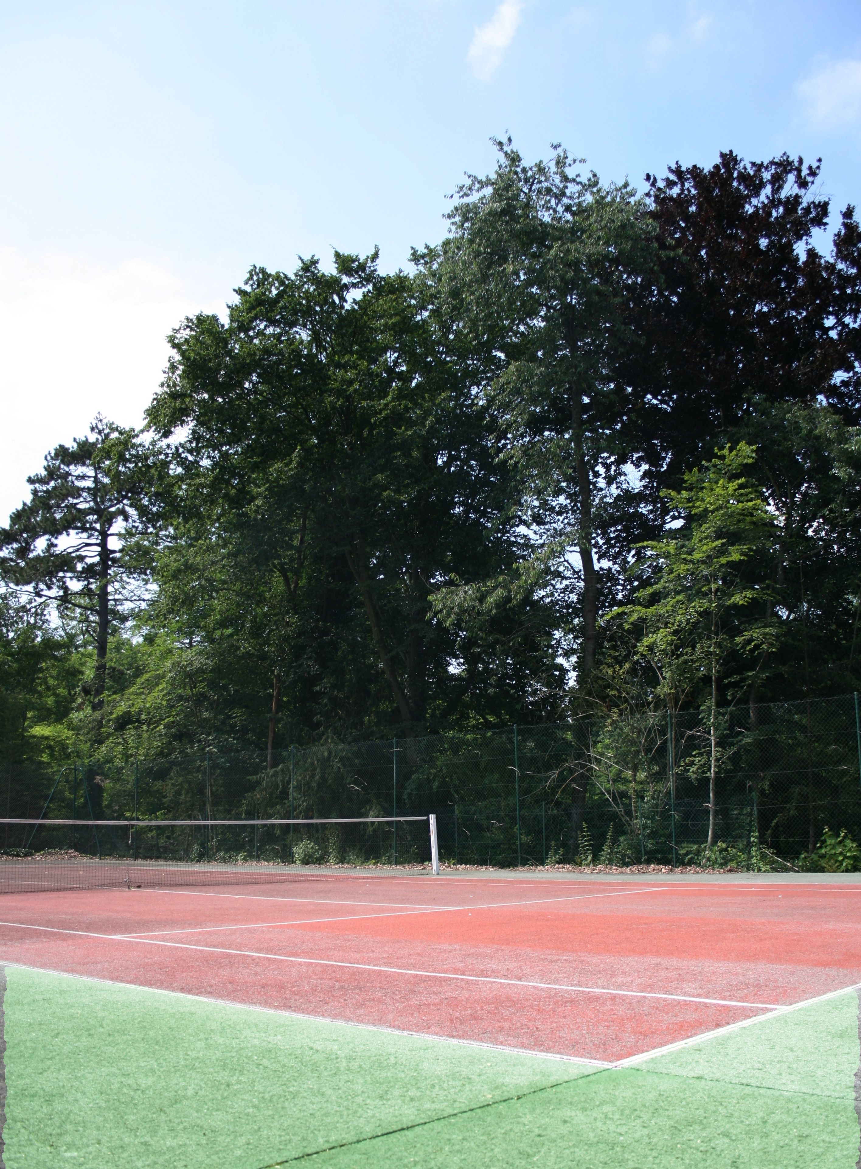 A tennis court with a net, surrounded by trees and a fence.