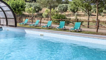 Indoor pool, outdoor pool, pool loungers