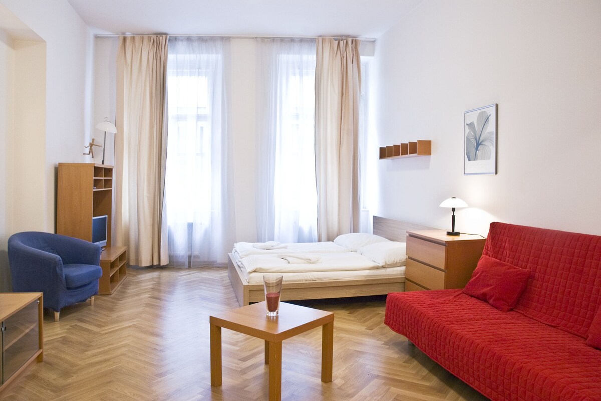 Ein Hotelzimmer mit einem Bett, einem roten Sofa, einem Holztisch, einem blauen Sessel, einem Fernseher und einem Bücherregal.