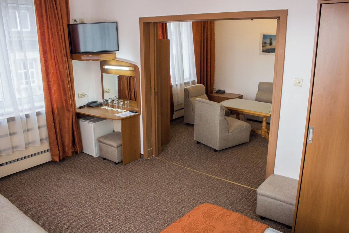 A compact hotel room with a kitchenette, a desk, a chair, a small table, and a television.