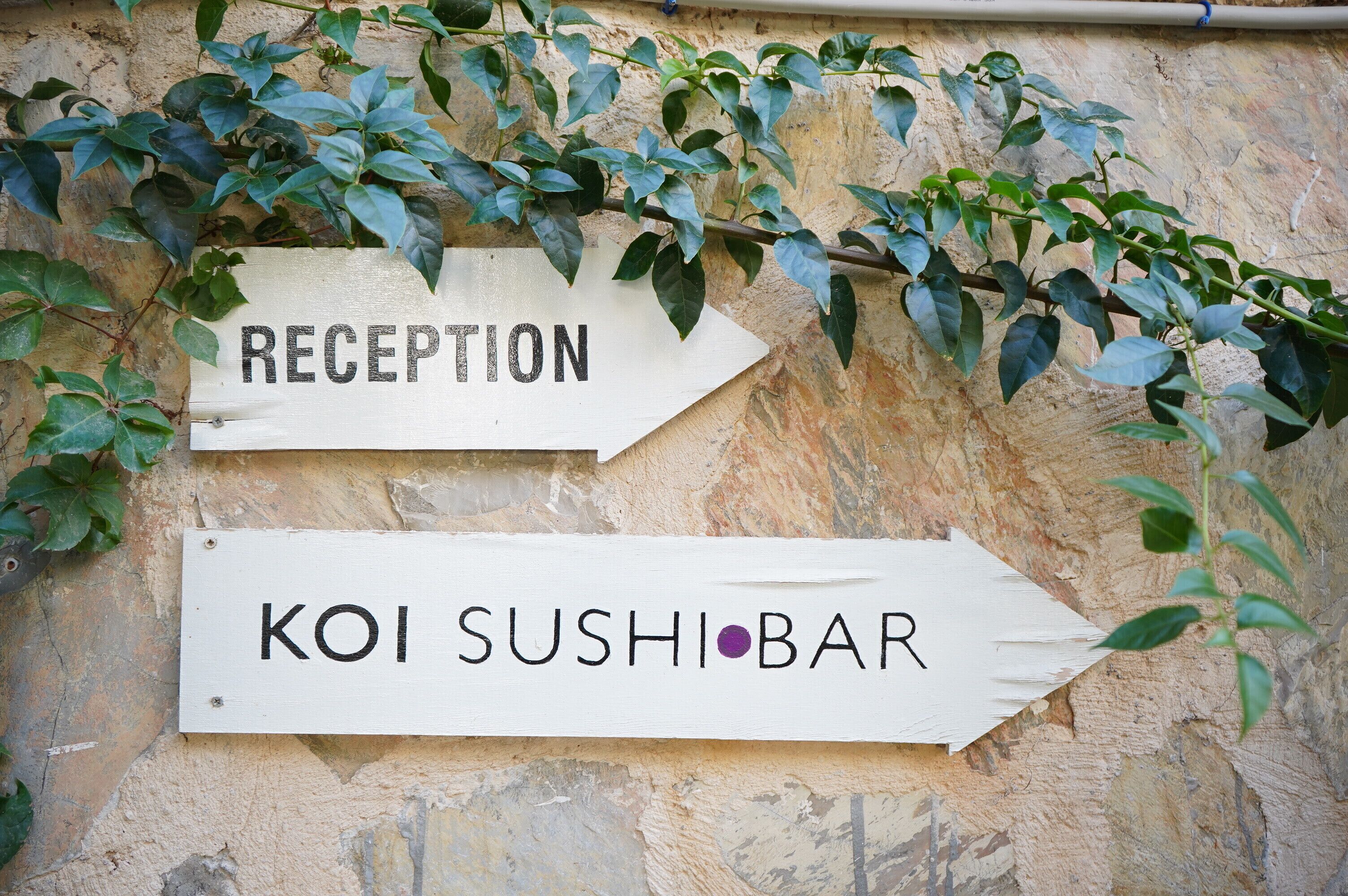 Dos señales direccionales en una pared, una con la etiqueta 'RECEPTION' y la otra con la etiqueta 'KOI SUSHI BAR'.