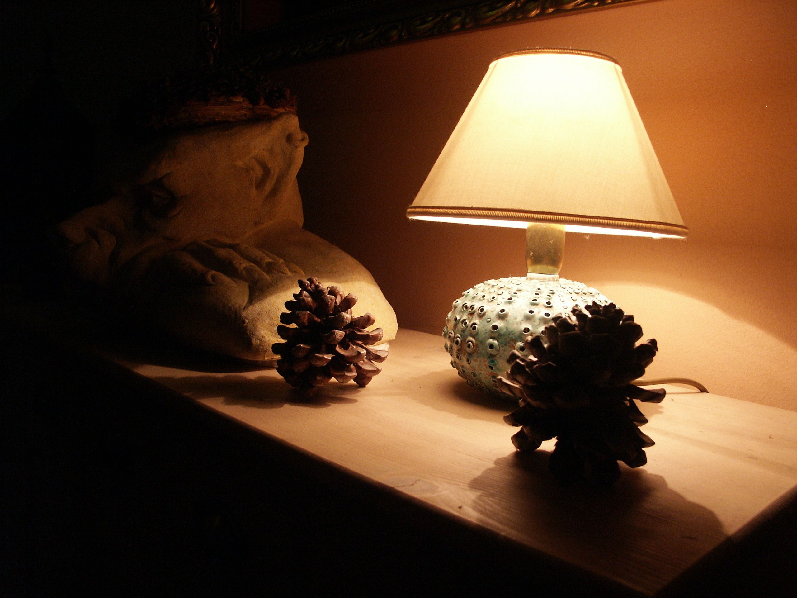 A lamp with a textured lampshade on a wooden surface, accompanied by two pine cones.