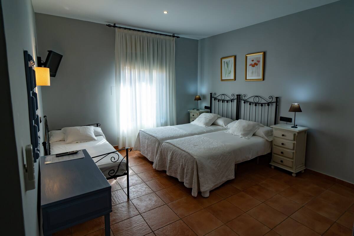 A bedroom with two beds, a desk, a chair, a nightstand, and a lamp.