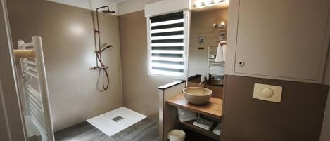 A modern bathroom with a shower, toilet, sink, and vanity.