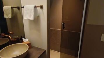 A modern bathroom with a large sink, a mirror, a glass-enclosed shower, and a toilet.