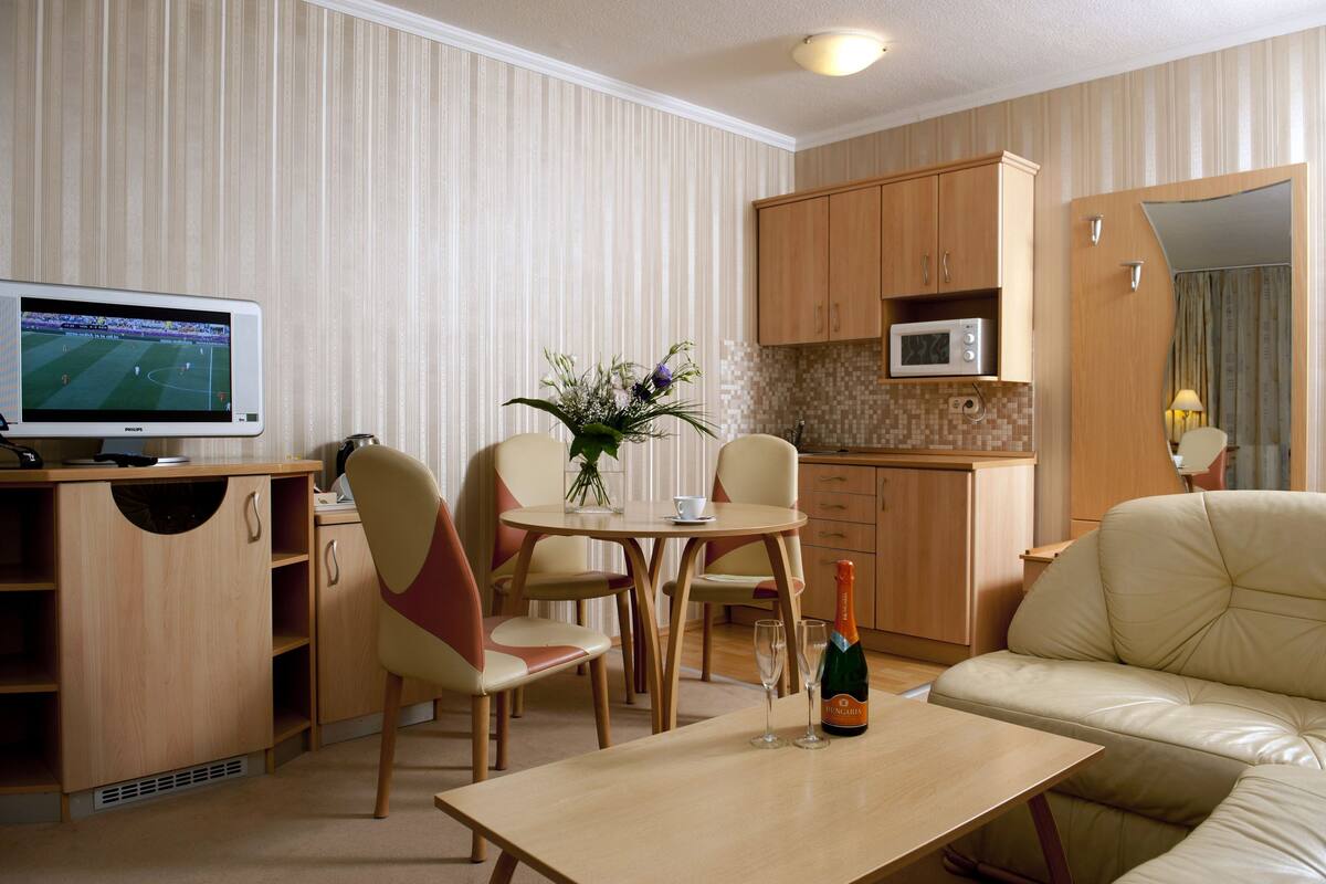 A compact living space with a dining area, a sofa, a TV, a microwave, and a small kitchen area.