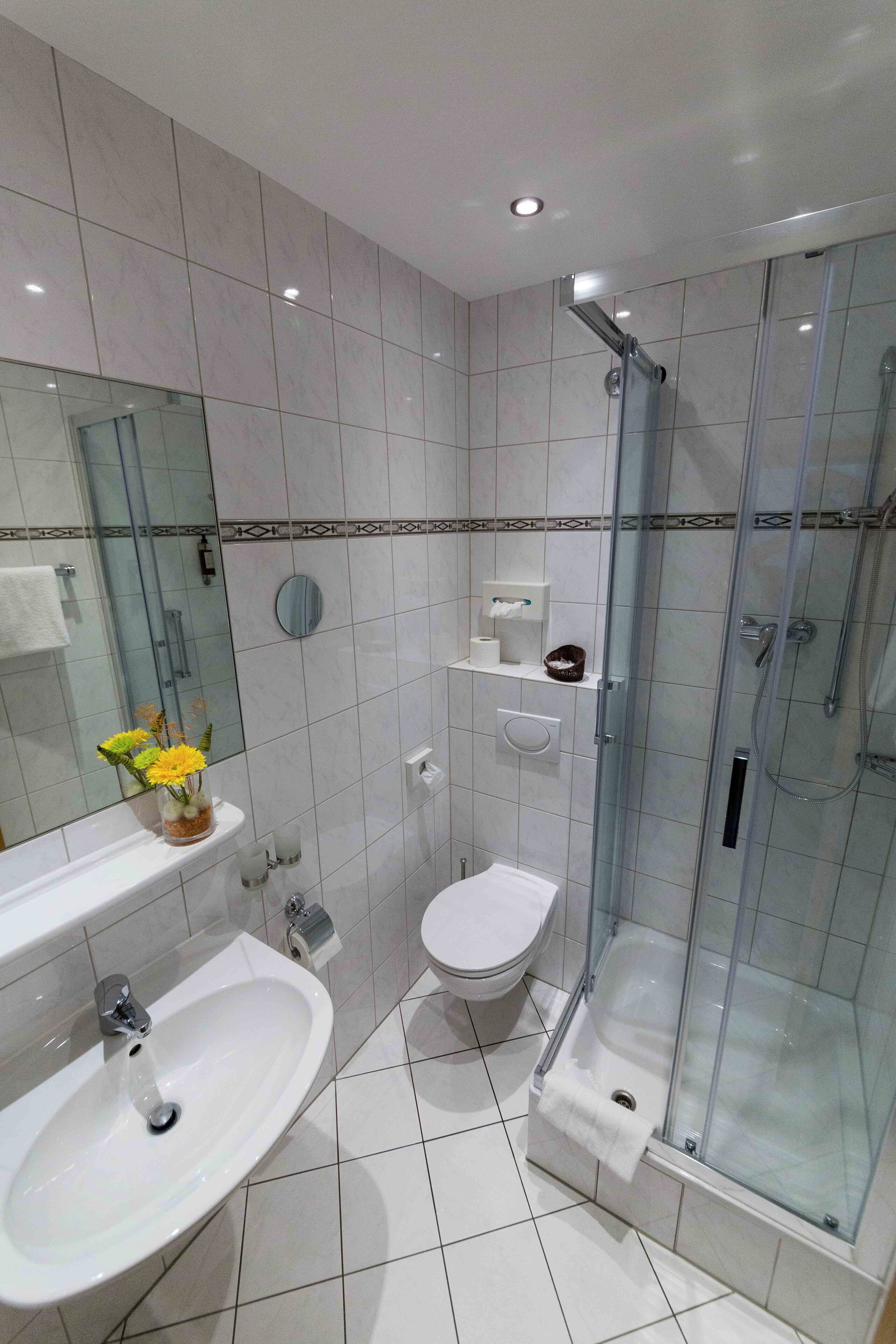 A modern bathroom with a glass-enclosed shower, a white sink, and a toilet.