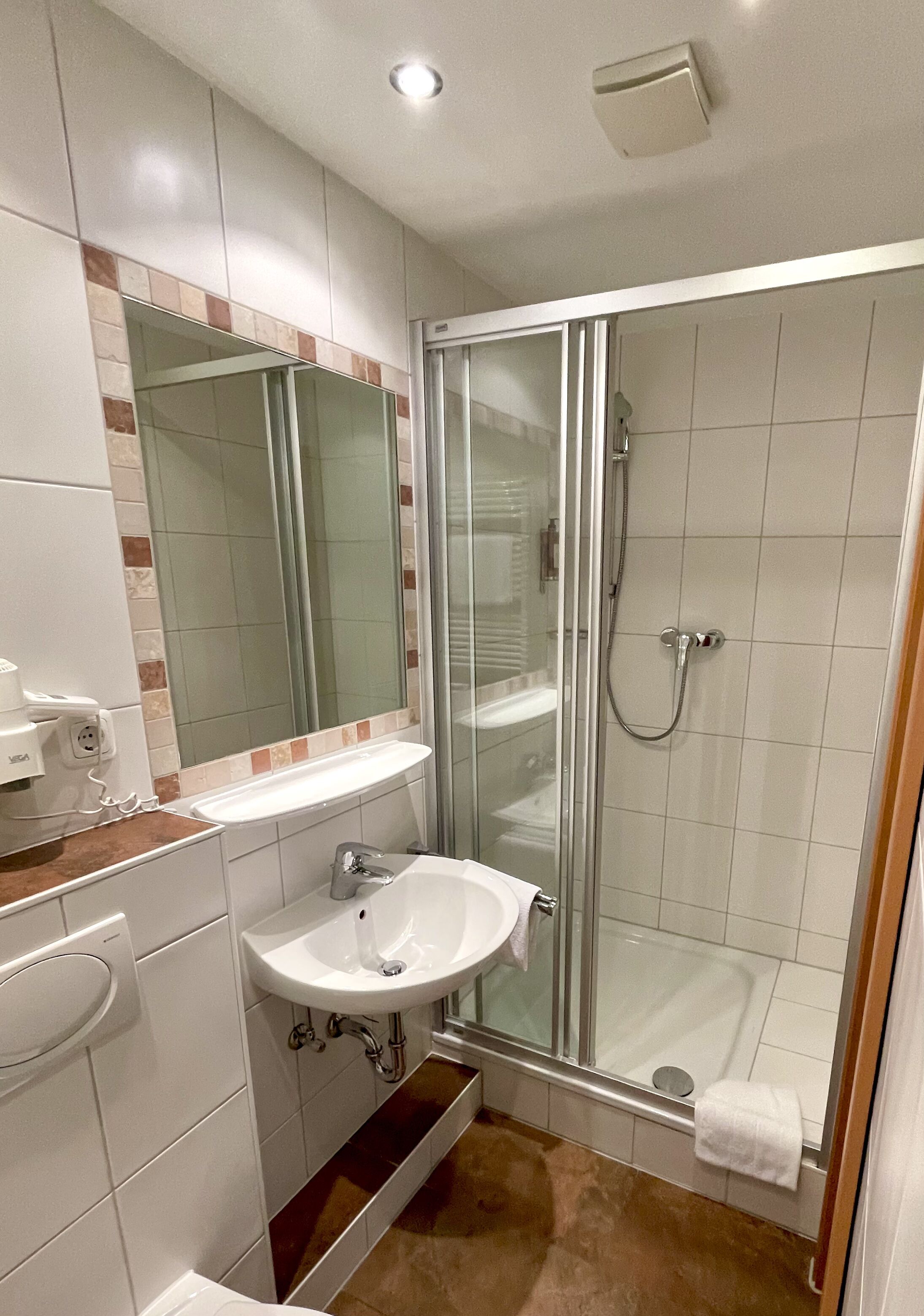 A modern bathroom with a glass-enclosed shower, a white sink, and a mirror above it.
