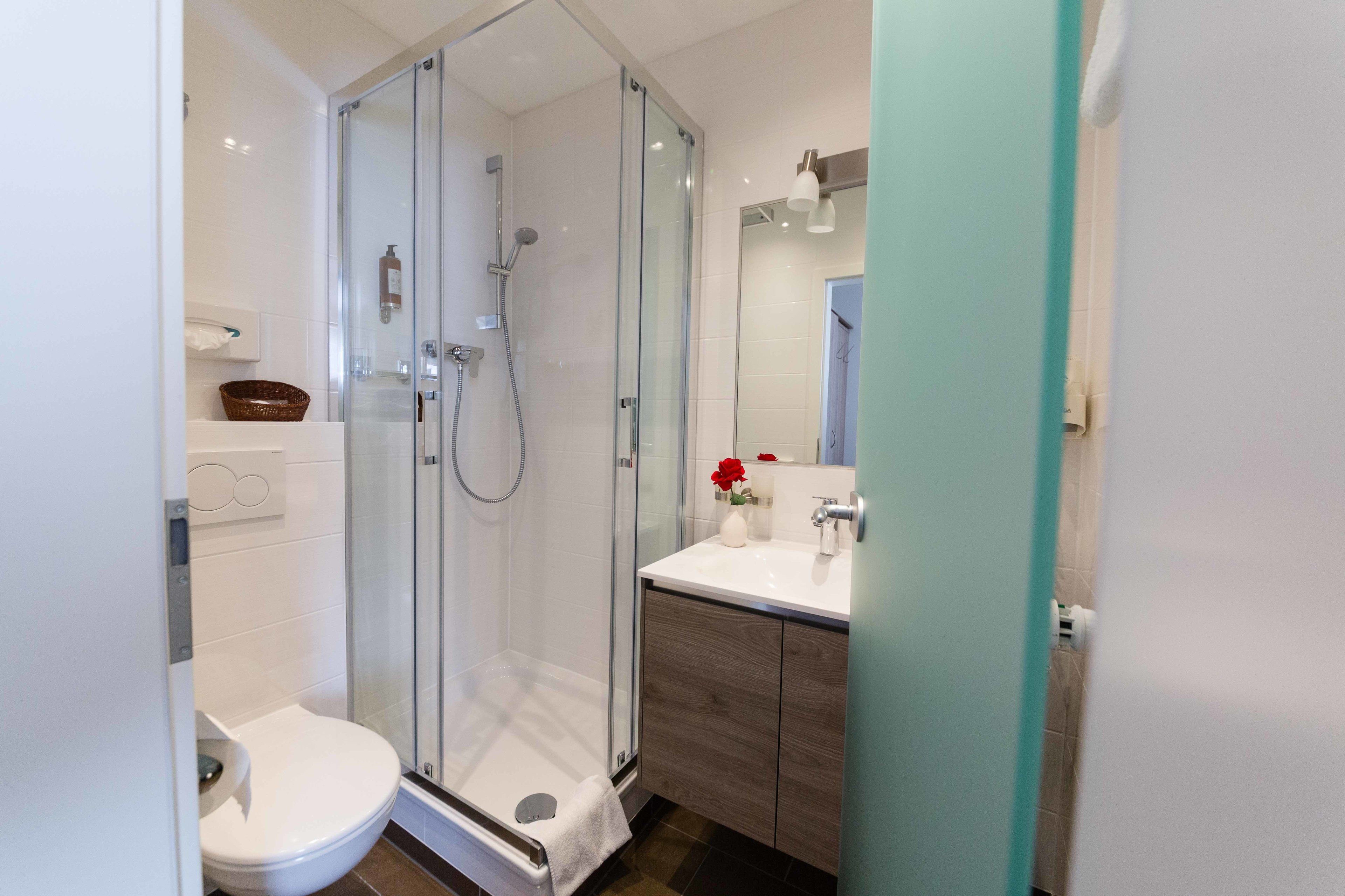 A modern bathroom with a glass-enclosed shower, a white toilet, and a vanity with a mirror.
