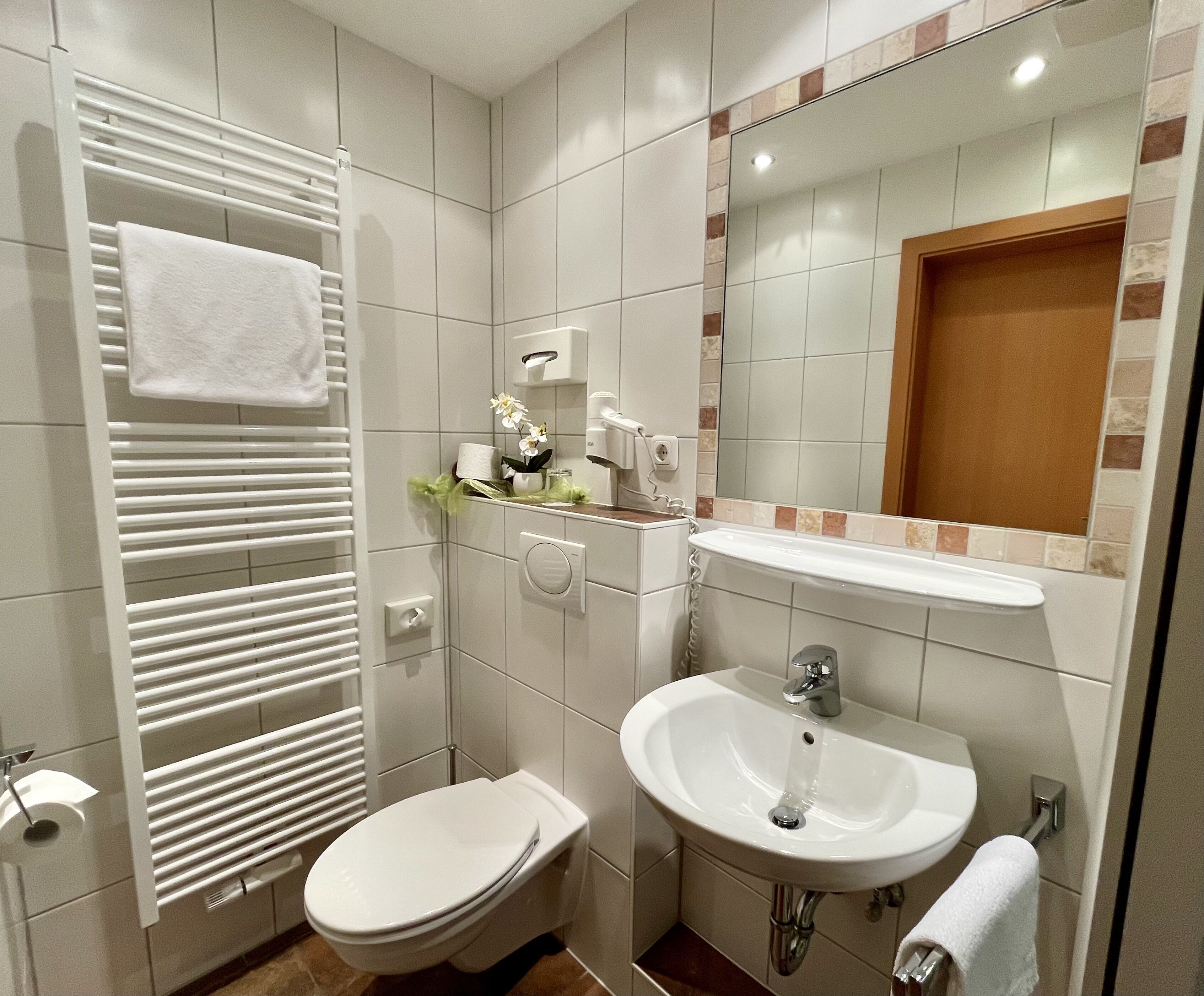 Ein Badezimmer mit Toilette, Waschbecken, Spiegel und Handtuchhalter.