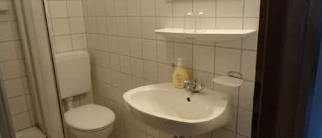 Un baño pequeño y limpio con inodoro, lavamanos y espejo.