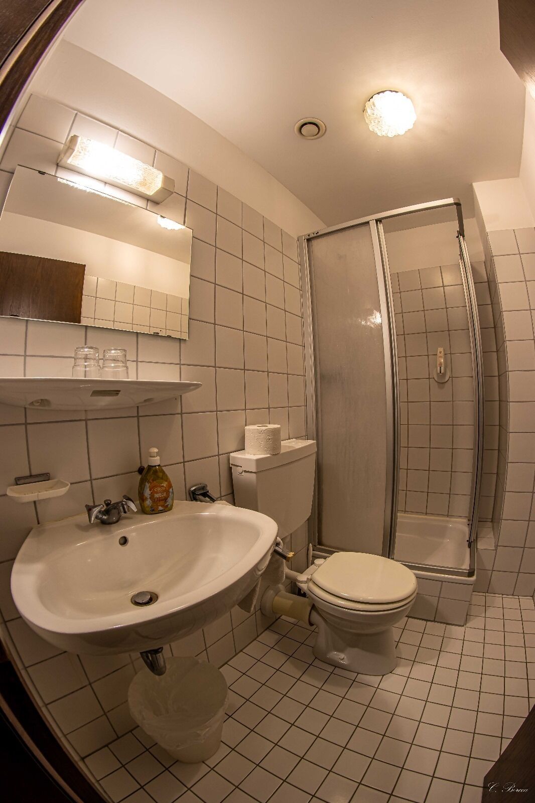 economy twin room | bathroom | shower, hair dryer, towels