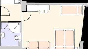 Distribución de una habitación de hotel con baño, kitchenette y zona de estar.