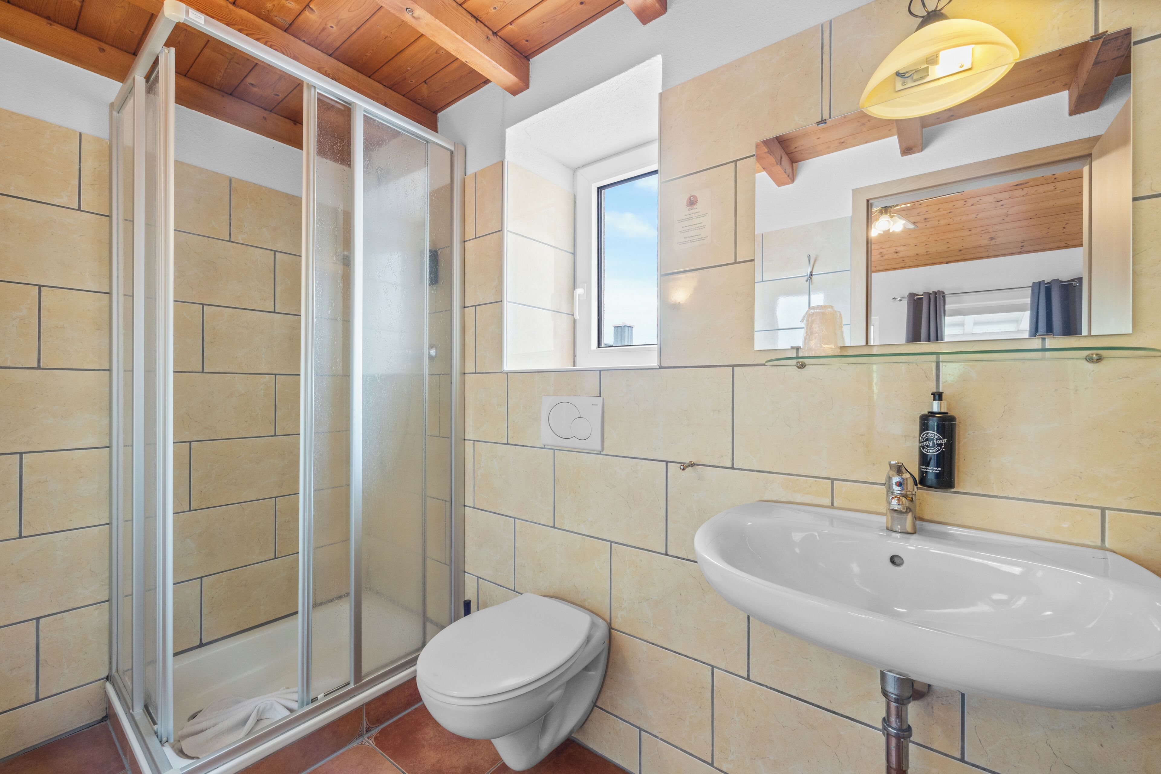 Un bagno con box doccia in vetro, un water bianco, un lavabo con specchio e una finestra.