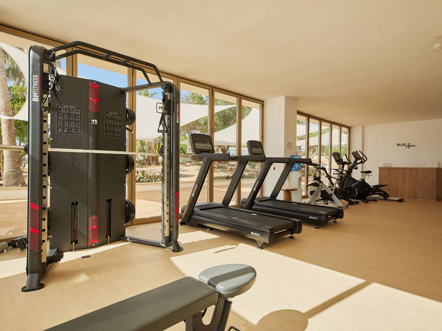 Un gimnasio con equipo de ejercicio, incluyendo cintas de correr y una máquina de pesas, con ventanas amplias que ofrecen vistas al exterior.