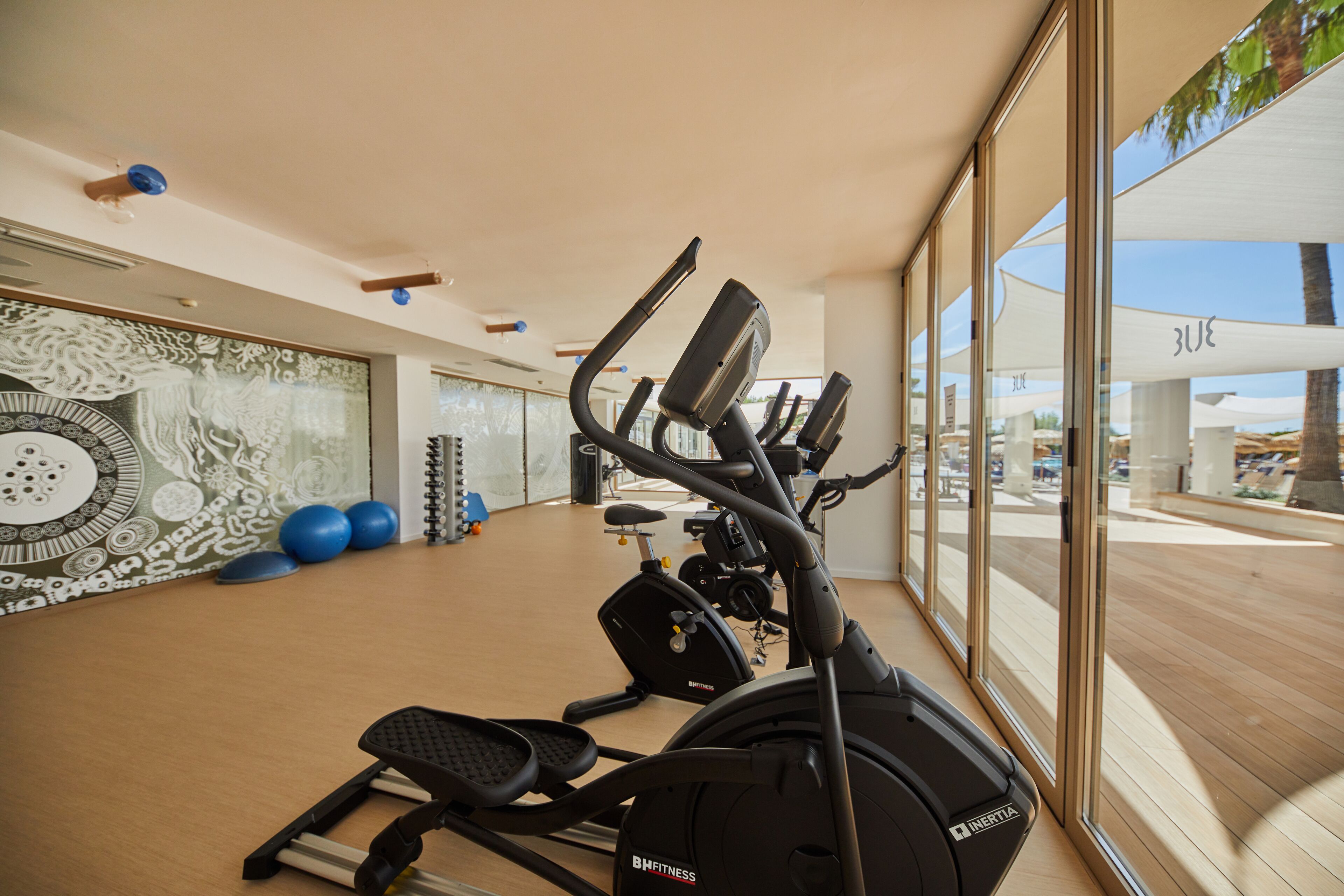 Une salle de sport équipée de matériel d’exercice, avec un mur décoré de motifs et de grandes fenêtres.