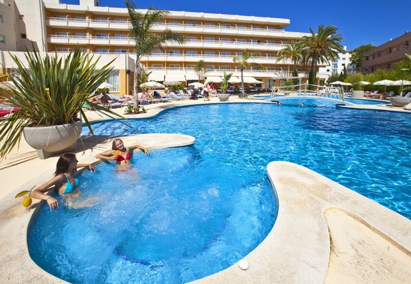 Seasonal outdoor pool, pool umbrellas, pool loungers