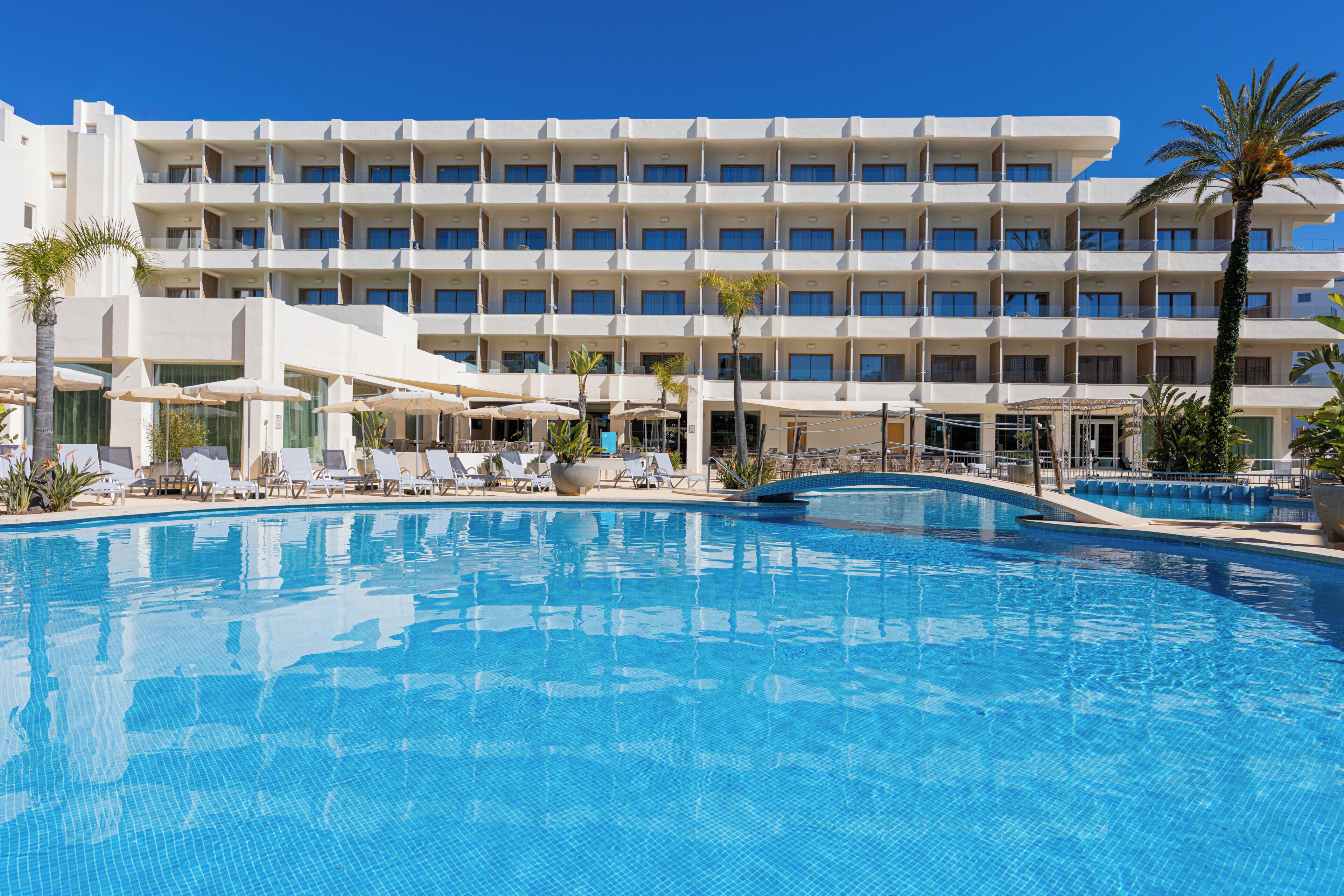 Un hotel con piscina, tumbonas y una palmera.