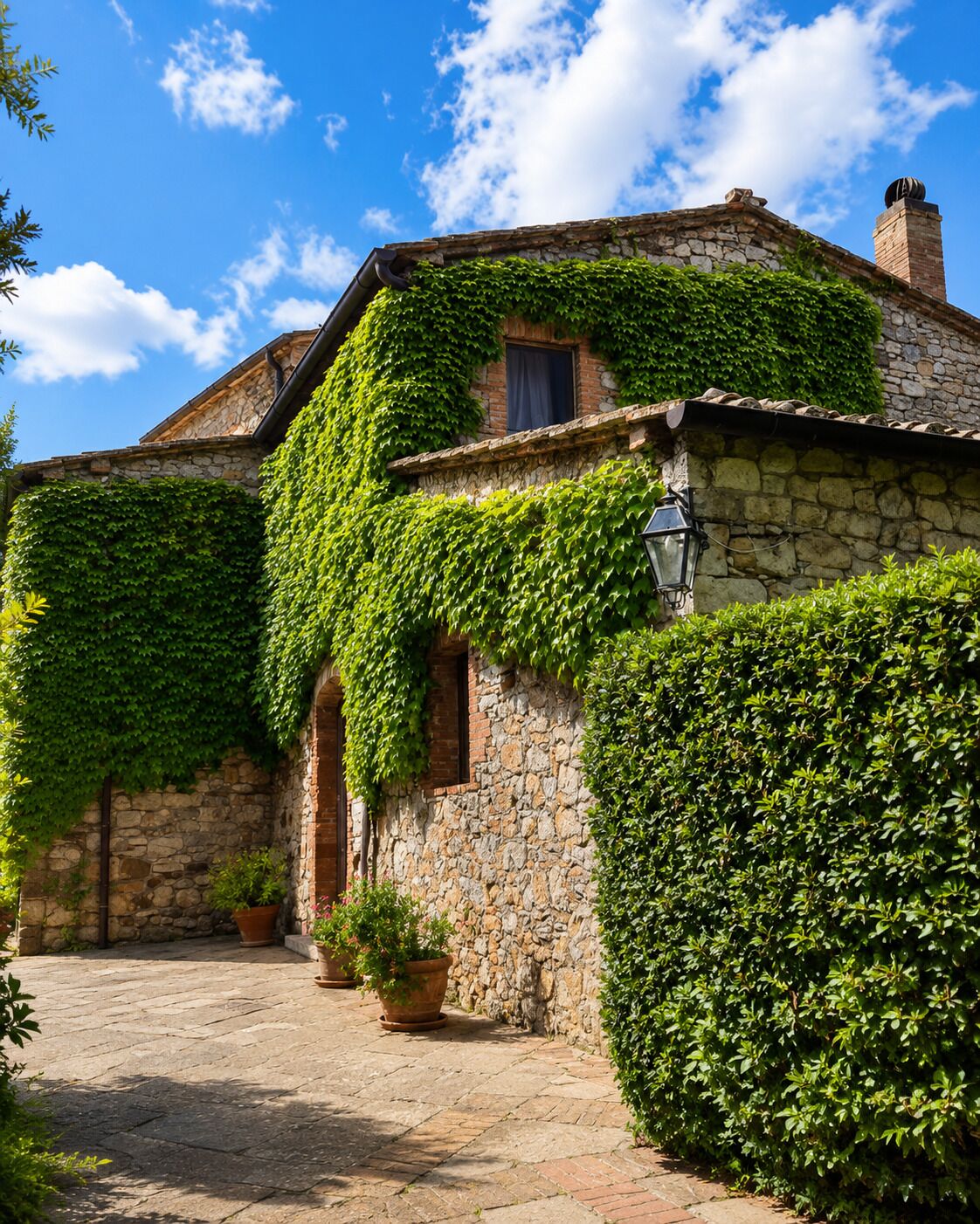 A stone building with ivy-covered walls and a paved courtyard.