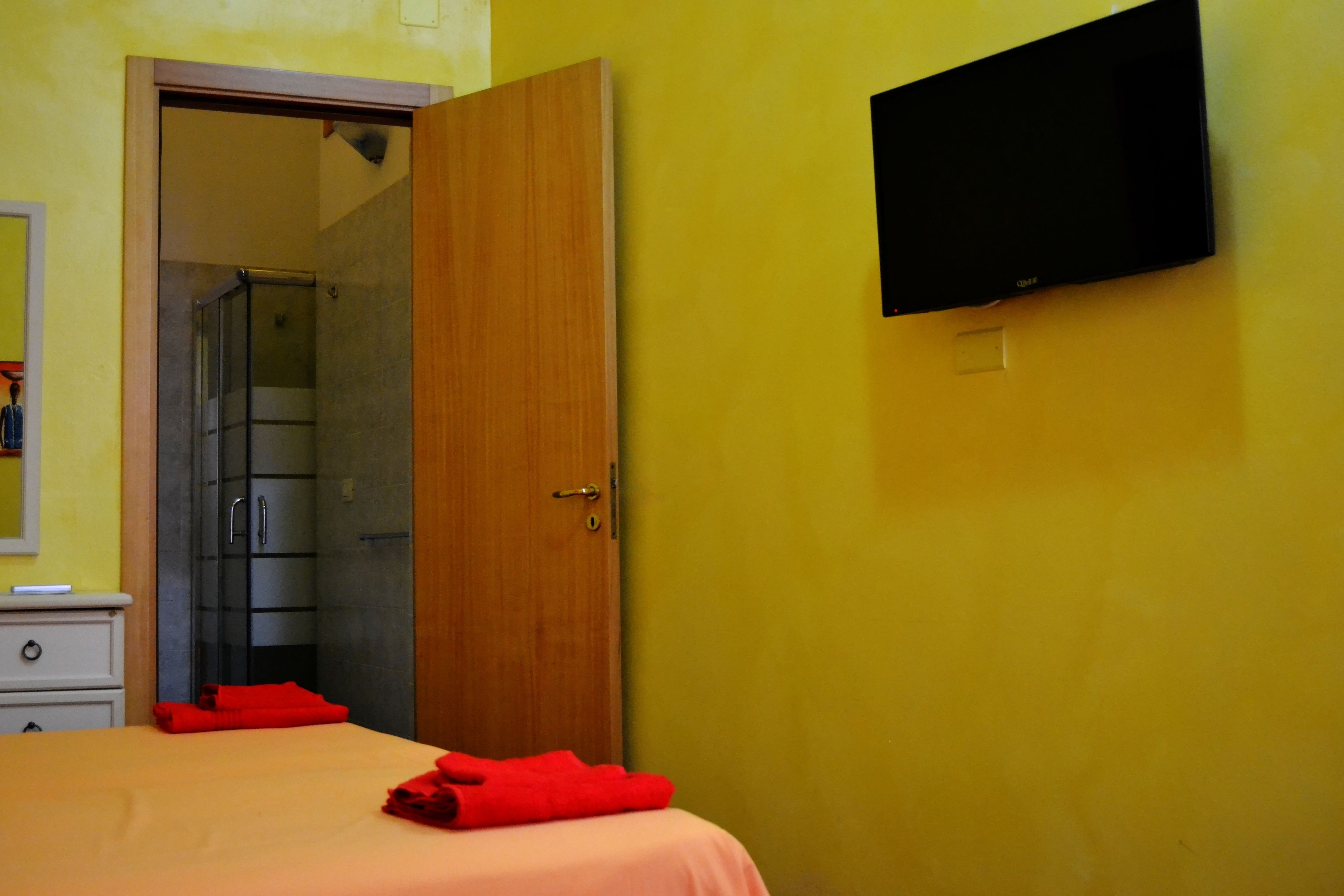 A hotel room with a bed, a wooden door, a shower area, and a mounted TV.