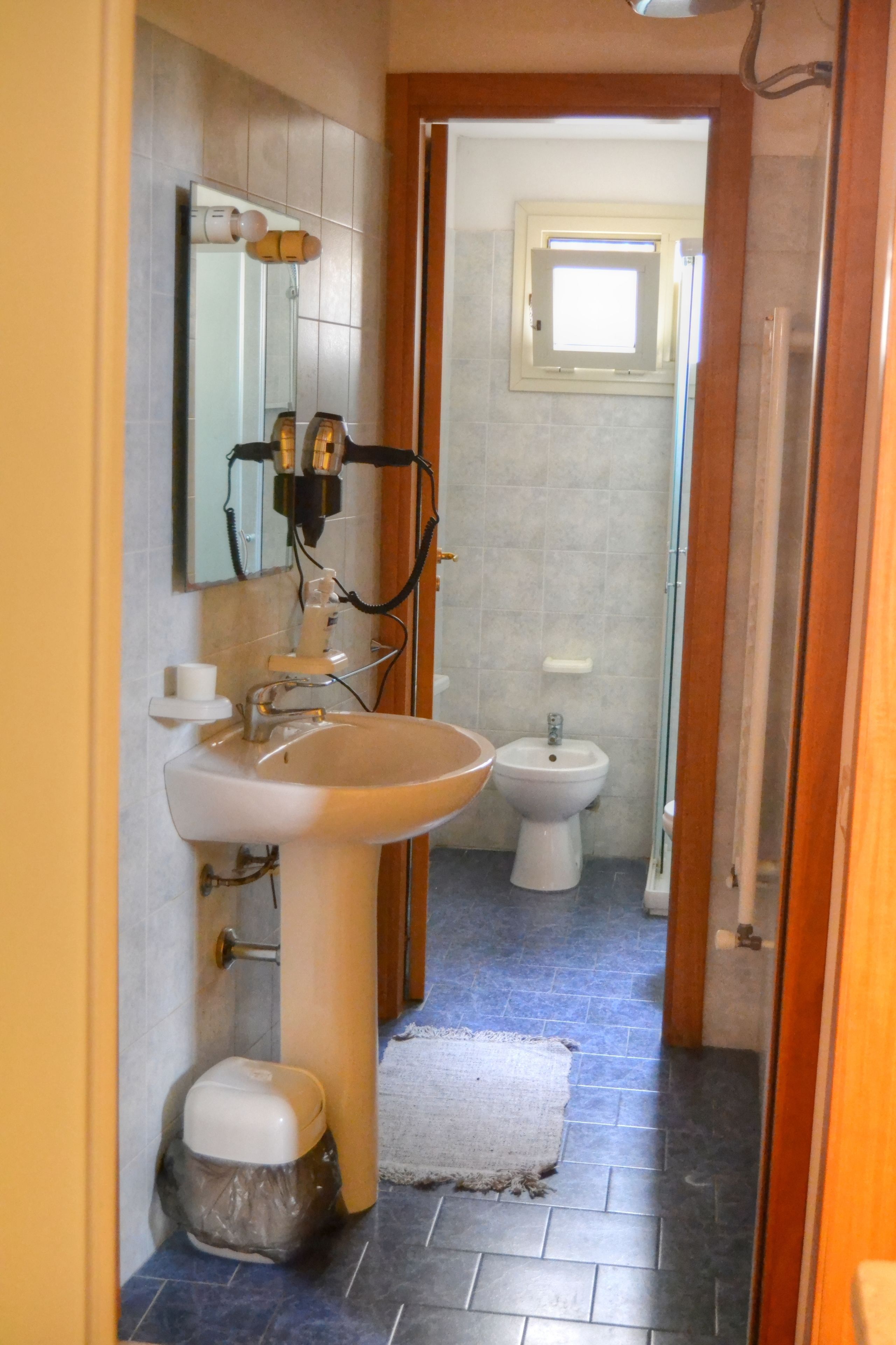 A bathroom with a sink, bidet, and mirror. There is a trash can and a rug on the floor.