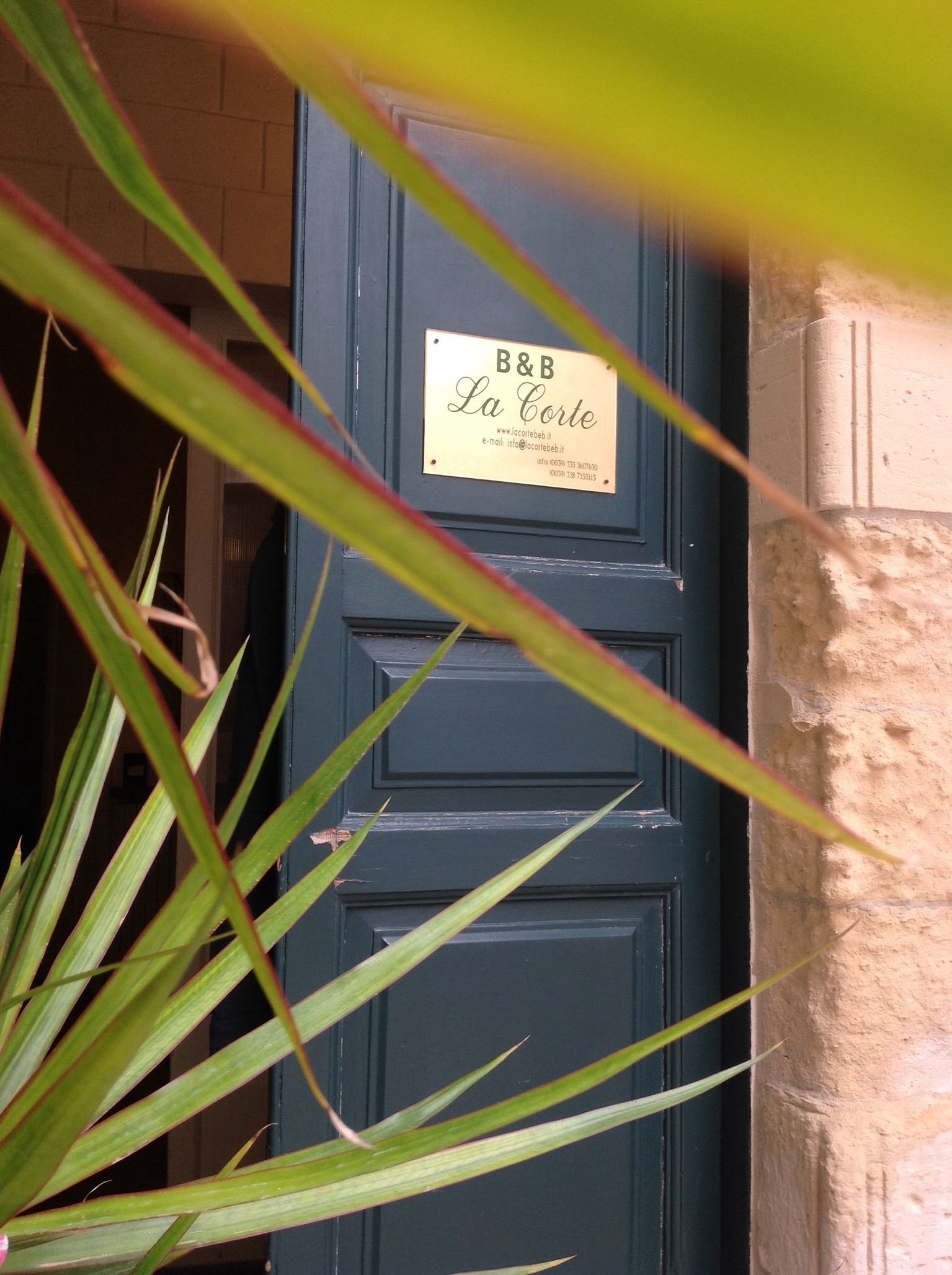 Eine blaue Tür mit einem Schild, auf dem „B&B La Corte“ steht, sowie eine Webseite und eine E-Mail-Adresse.