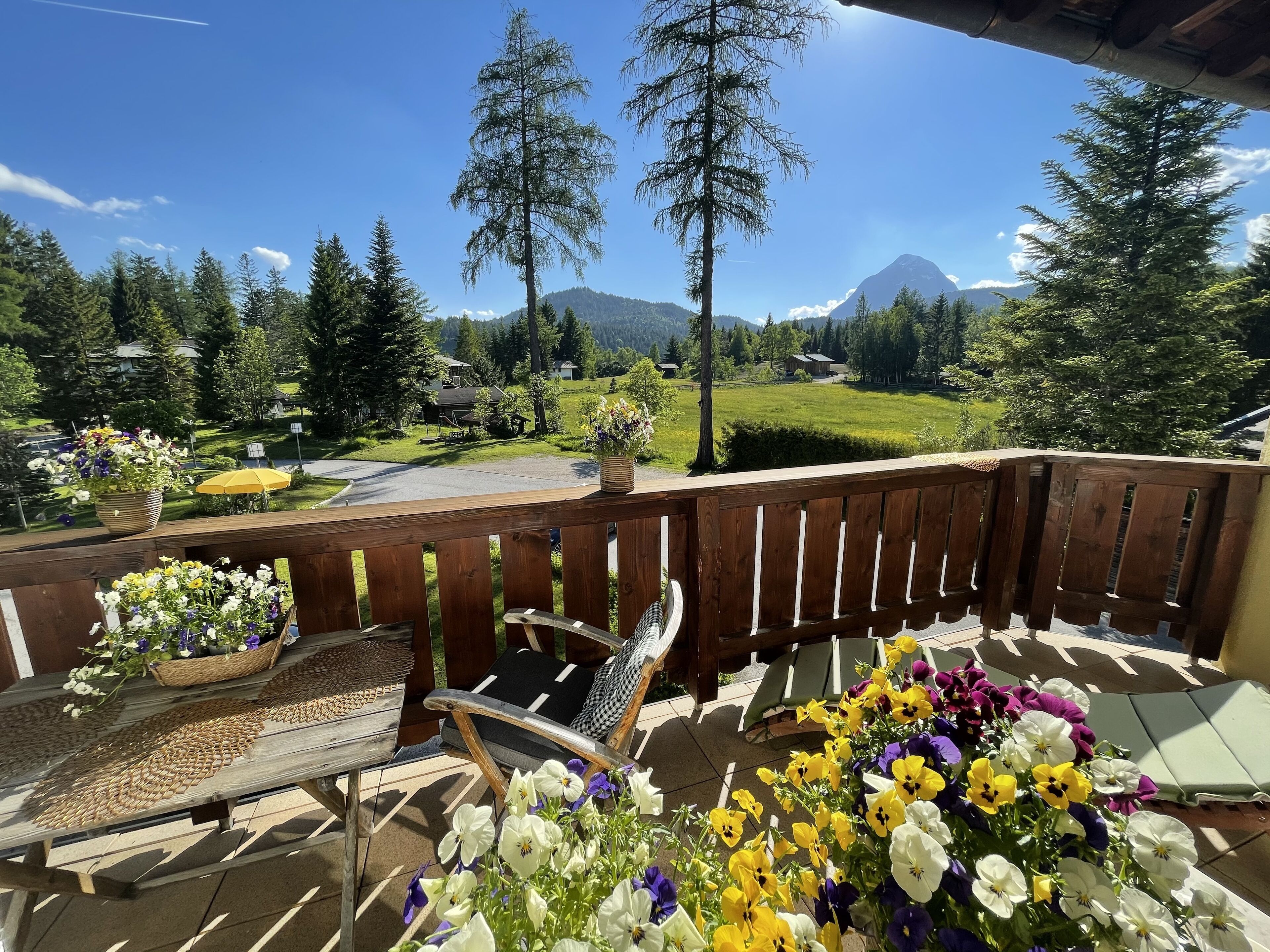 A wooden deck with a view of a mountain, potted flowers, and outdoor furniture.