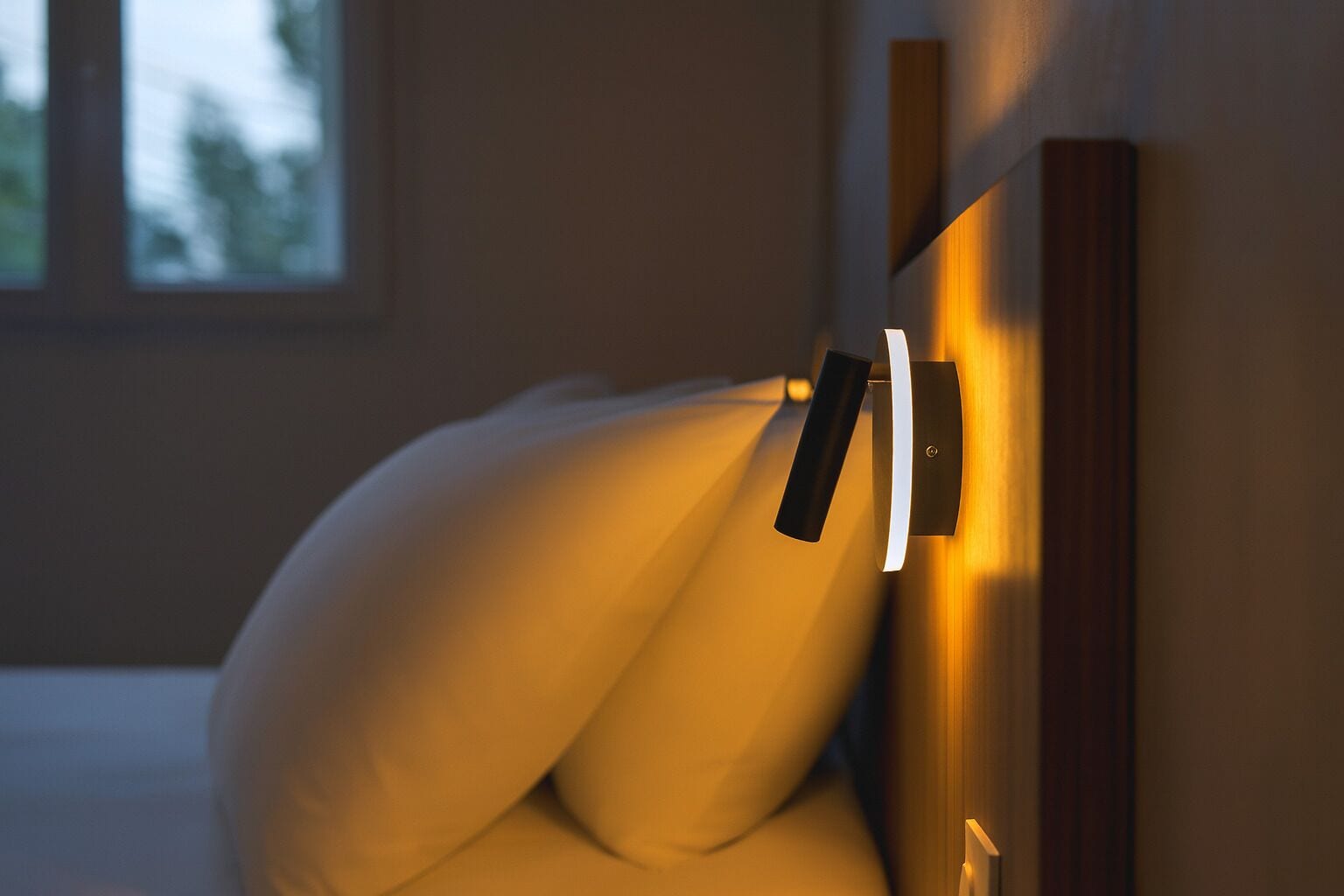 A modern bed with a headboard that has a built-in light fixture.
