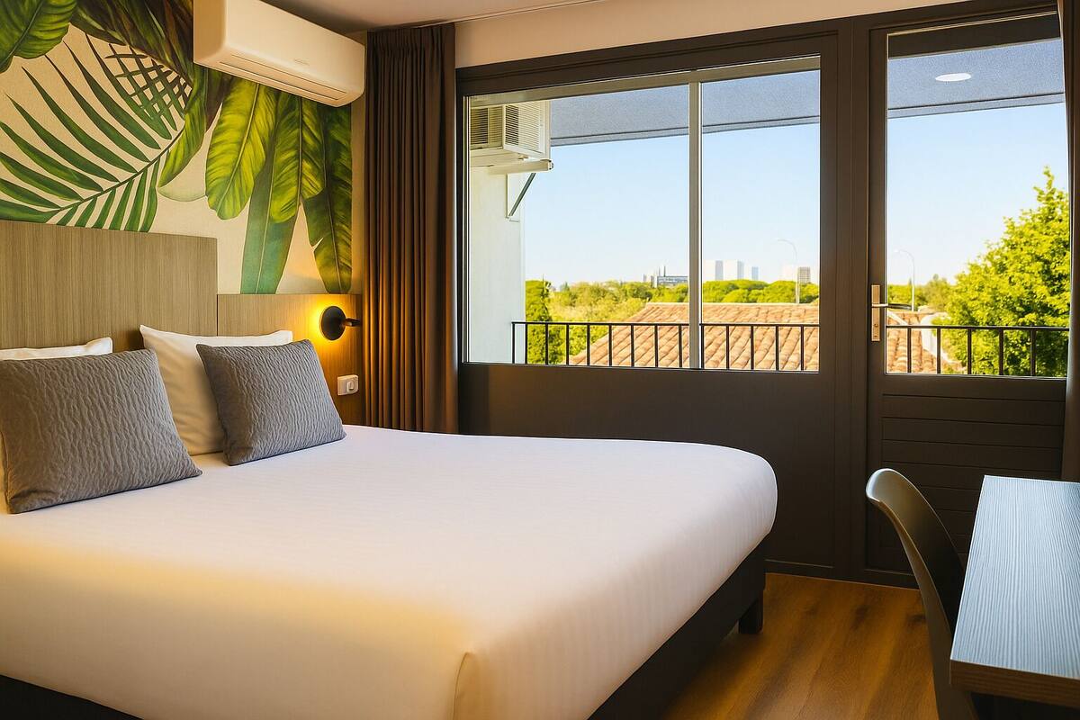 A hotel room with a large bed, a small table, a chair, and a balcony with a view of greenery and buildings.