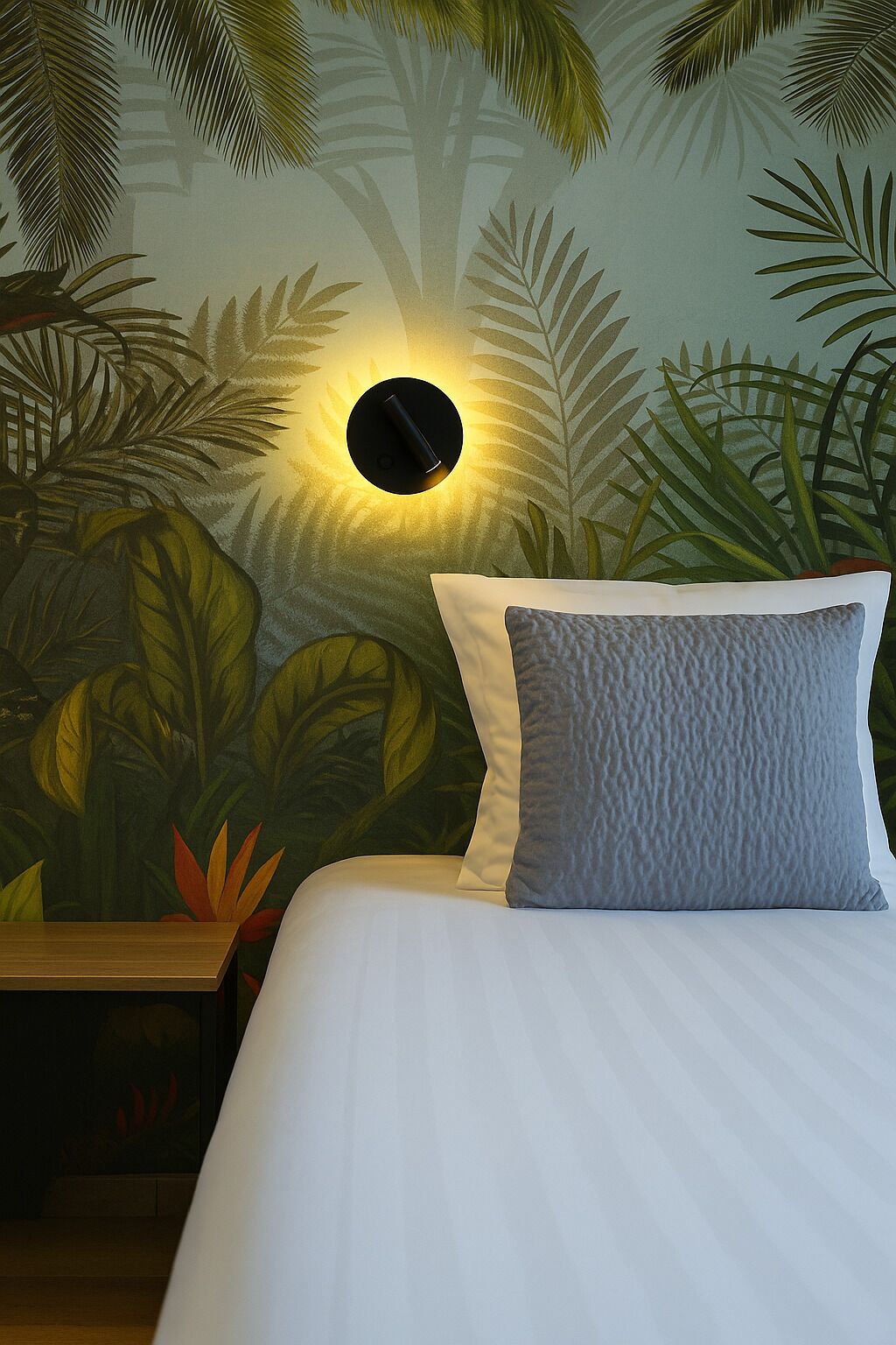 A bedroom with a bed, a nightstand, and a wall mural of tropical foliage.