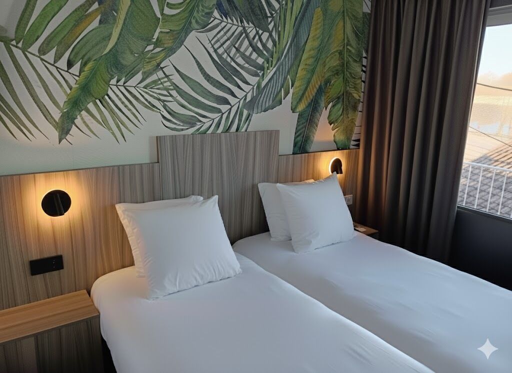 A double bed with white linens, a wooden headboard, and a wall-mounted light fixture.