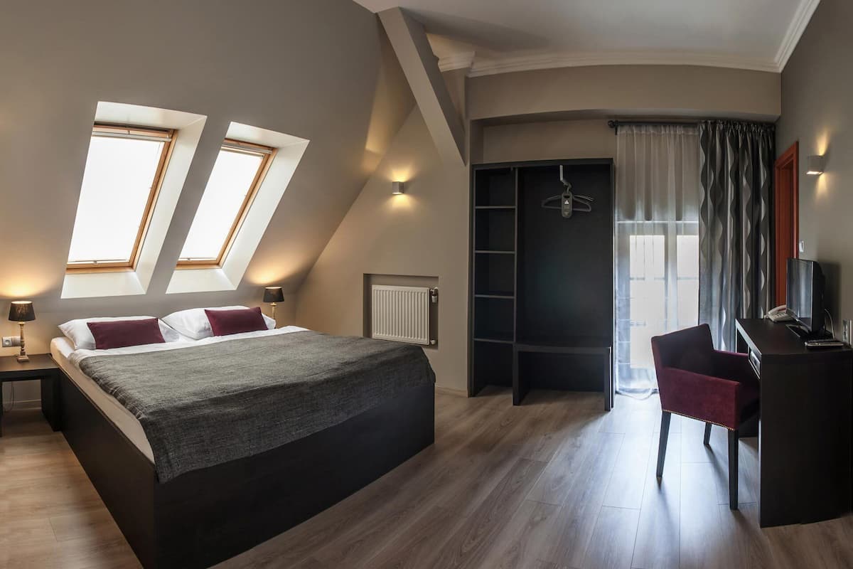 A modern bedroom with a large bed, two skylights, a desk with a chair, and a walk-in closet.