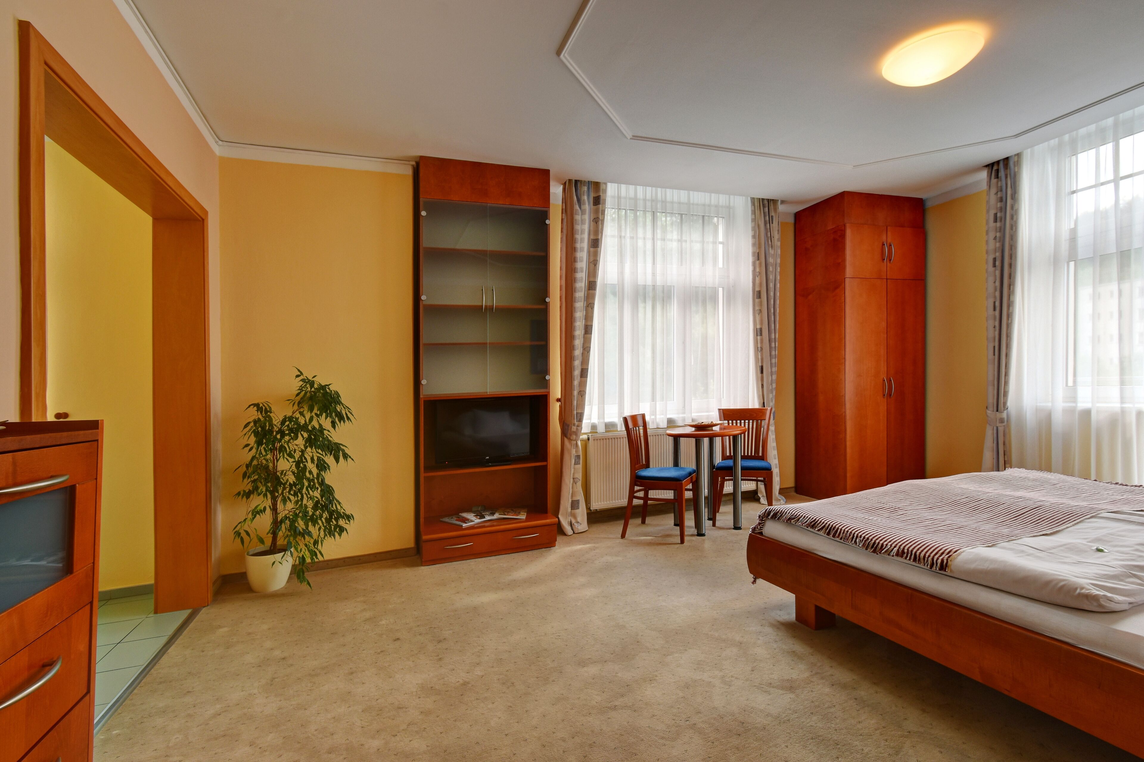 A bedroom with a bed, a wooden wardrobe, a television, a desk with chairs, and a potted plant.