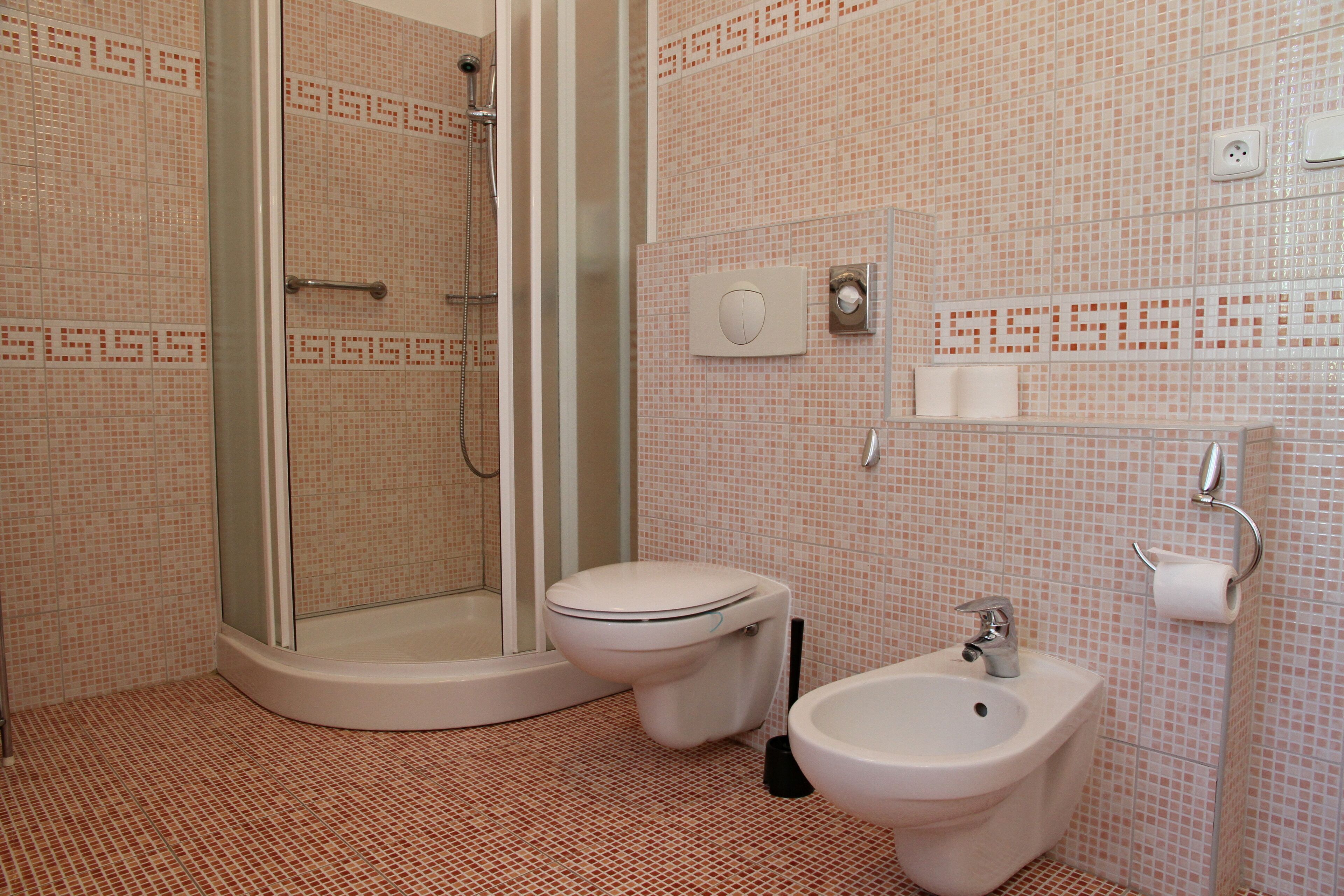 A bathroom with a shower, toilet, bidet, and sink.
