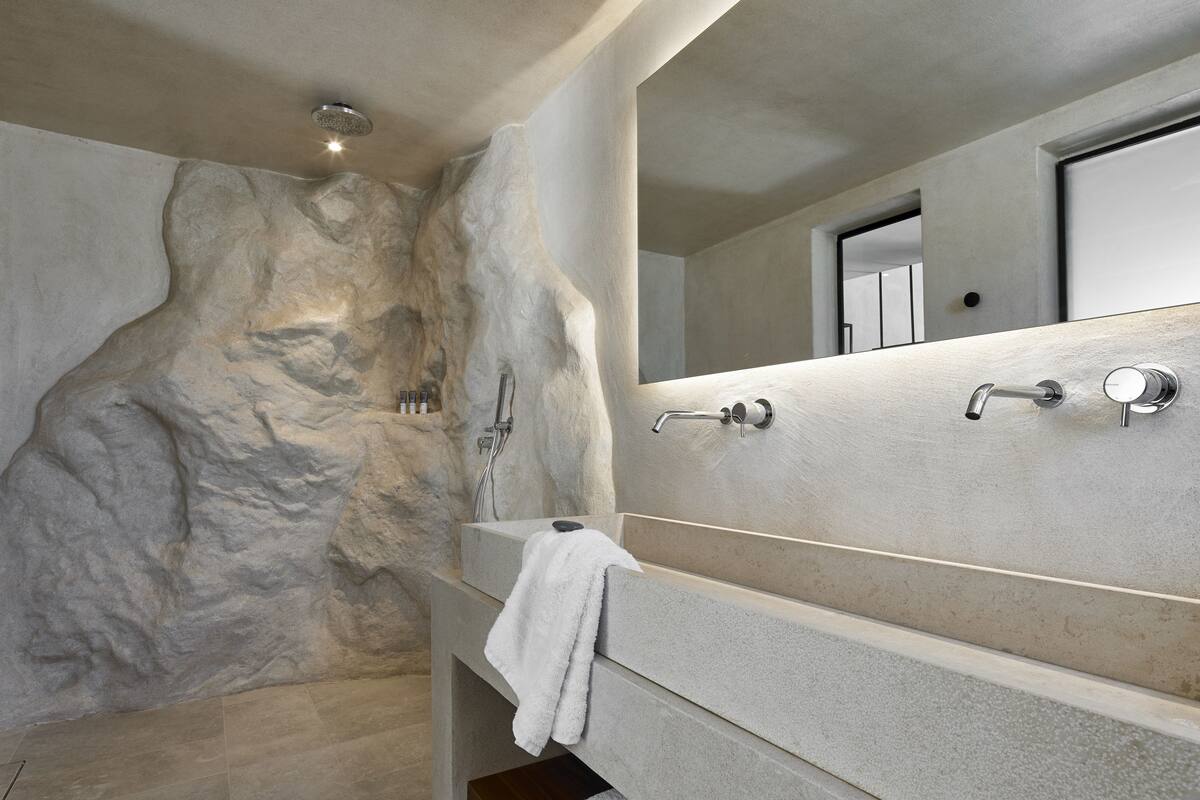 supreme maisonette with private plunge pool | bathroom | shower, rainfall showerhead, hair dryer, towels