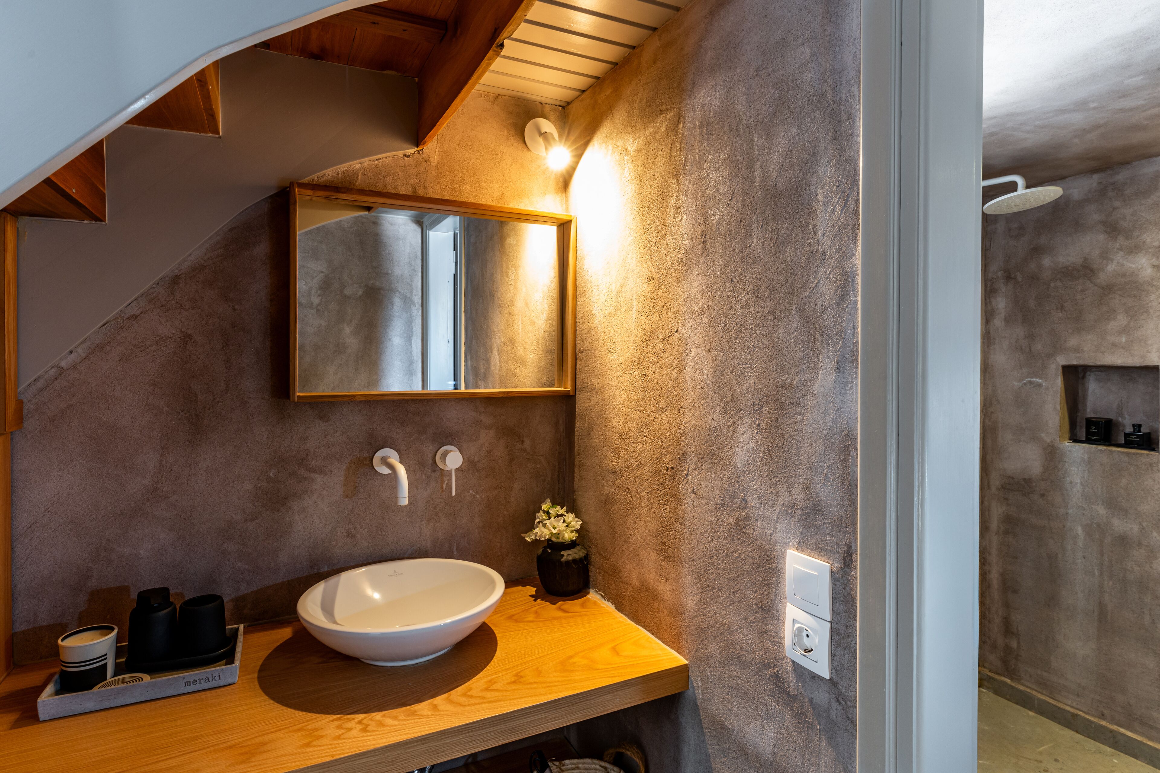 junior suite (split level) | bathroom | shower, rainfall showerhead, hair dryer, towels