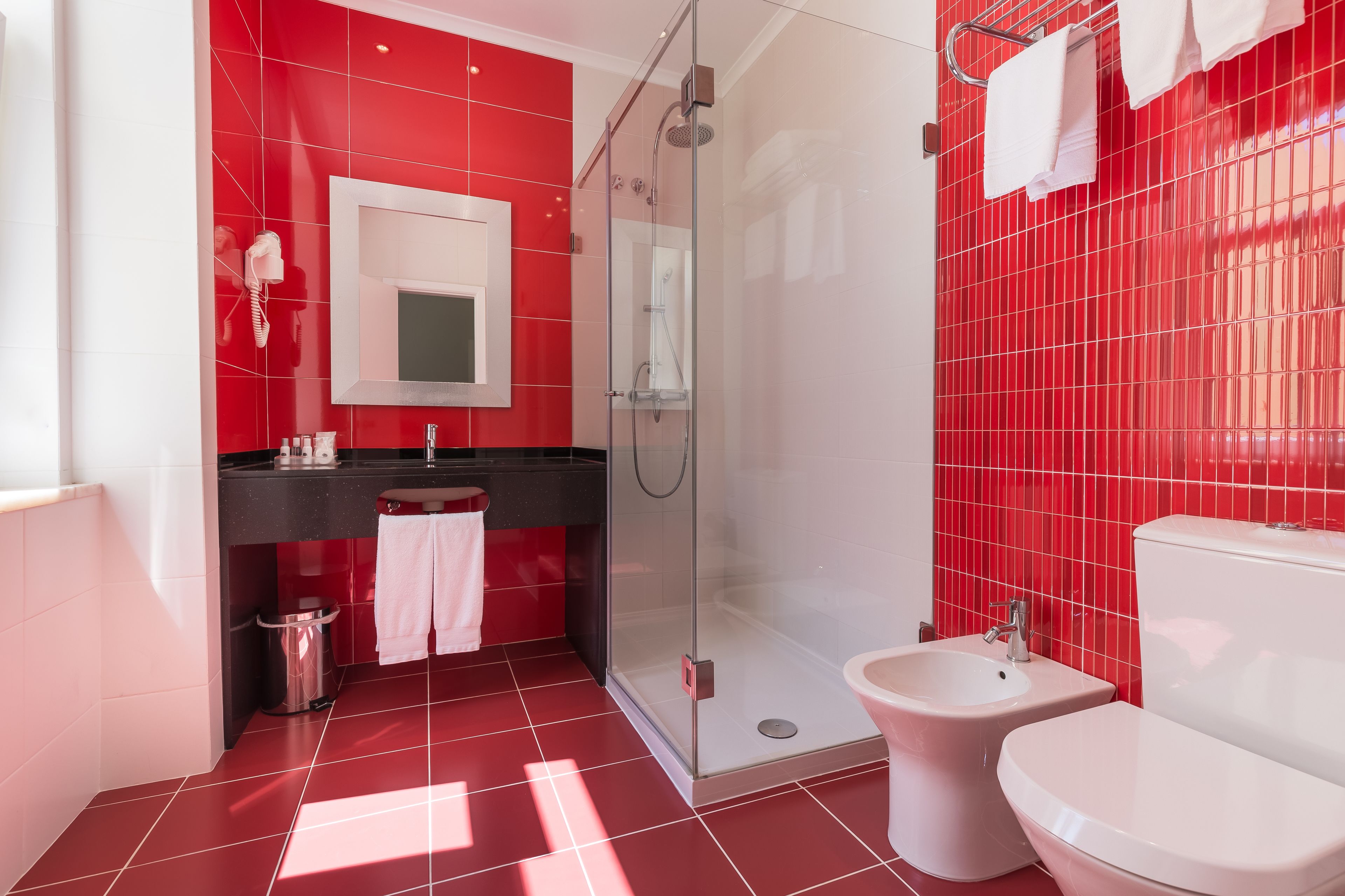 free toiletries, hair dryer, bidet, towels